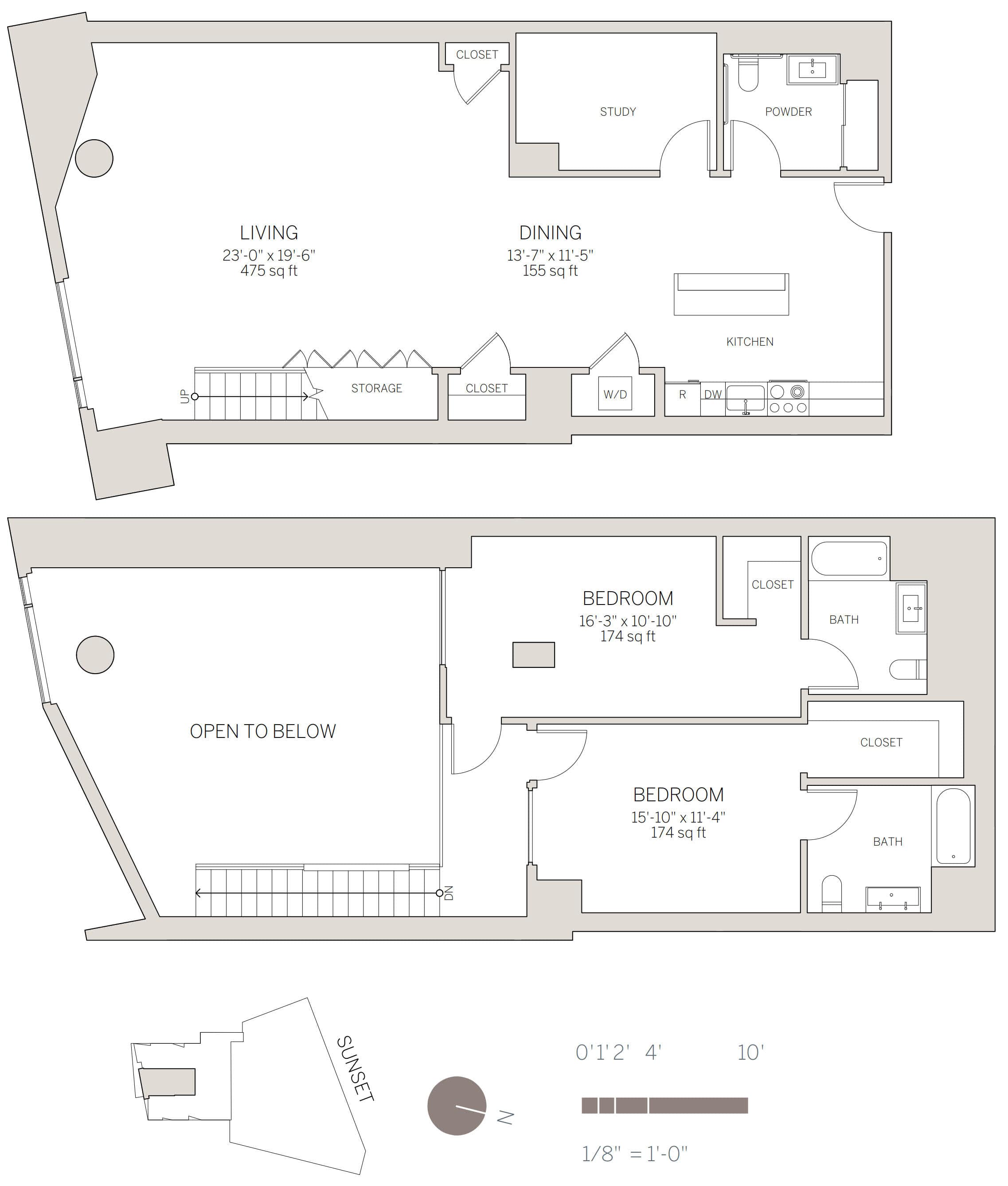 2 Bedroom Bi-Level Plan with Study