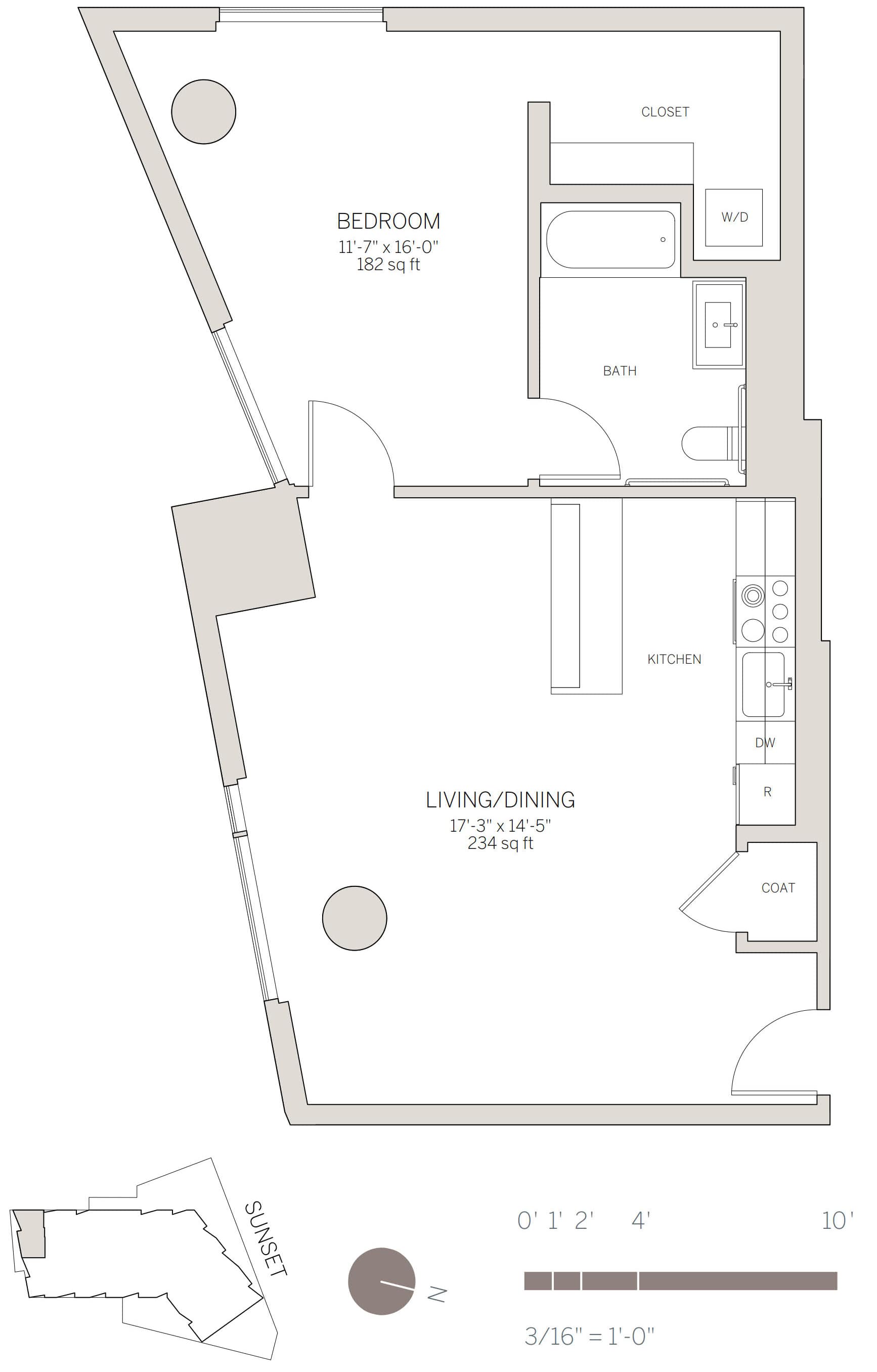 1 Bedroom Plan with Corner Bedroom