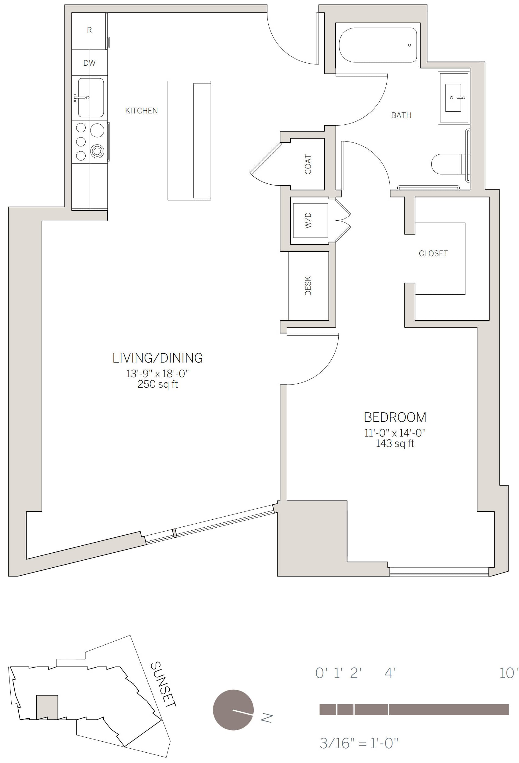 1 Bedroom Plan with Corner Living Room