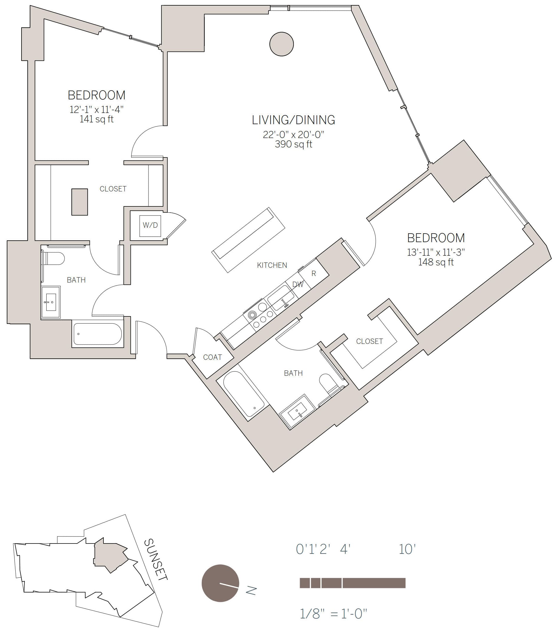 2 Bedroom Plan Facing Sunset Blvd