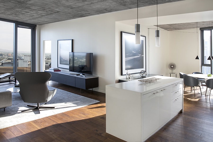 West Hollywood Kitchen Island overlooking Living Room and Dining Room